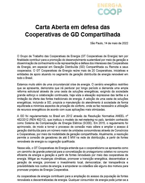 Carta Aberta em defesa das Cooperativas de GD Compartilhada